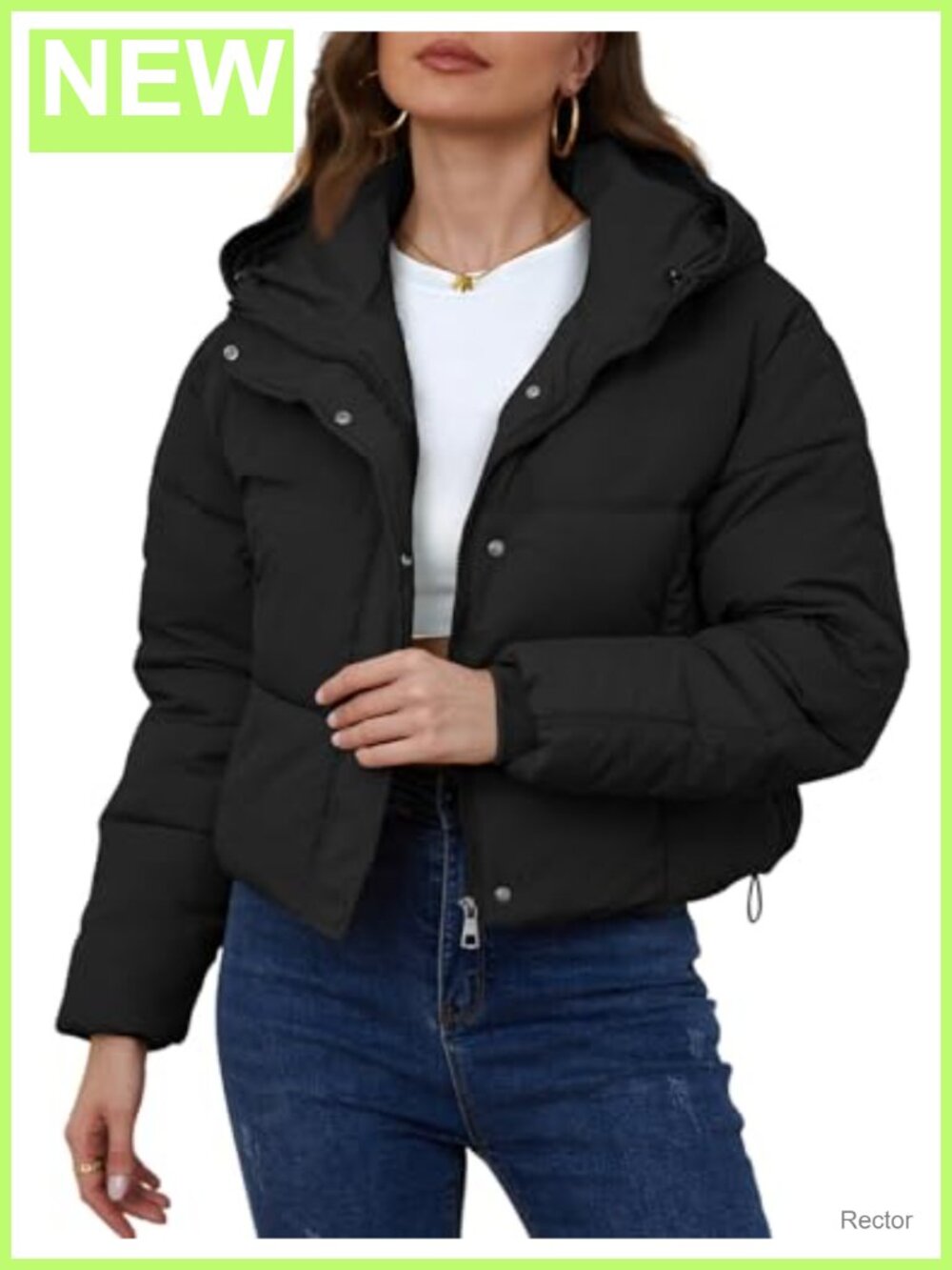 Womens Cropped Puffer Jacket Hooded Winter Coat Quilted Zip Snap
